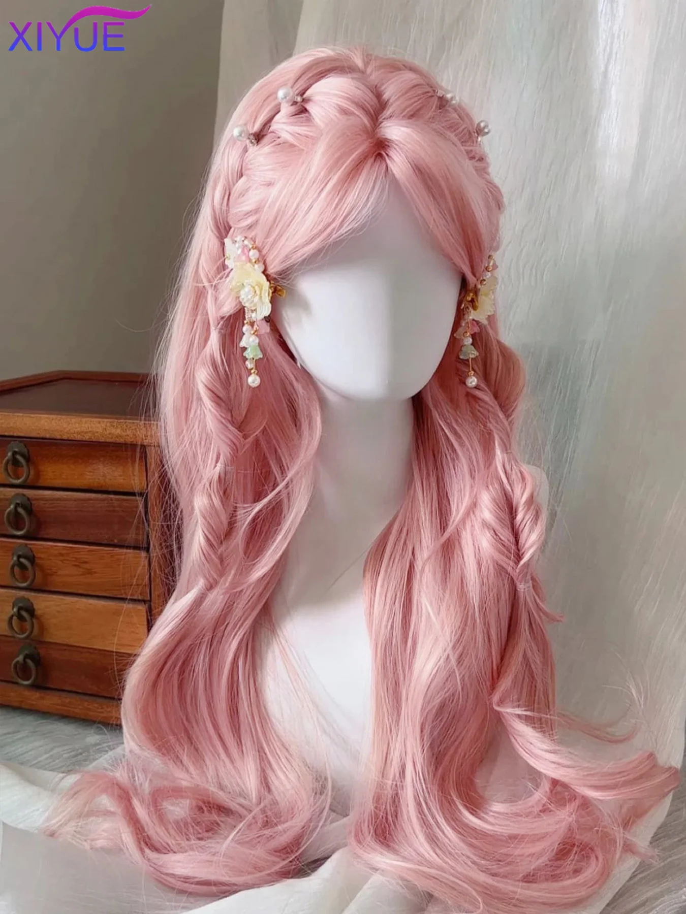 XIYUE Light Pink Synthetic Hair Wigs Long Wavy Natural Hair Wigs with Bangs for Women Cosplay Lolita Wig Heat Resistant