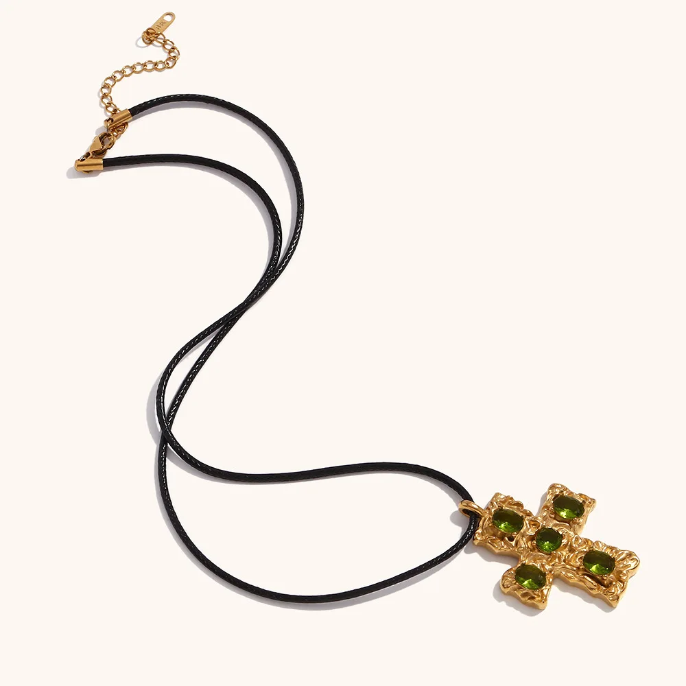 

PRISCA | Thump Cross Necklace for Women.Stainless Steel.1Pcs.Luxury European Jewelry.Black Rope. Retro for Party. Waterproof