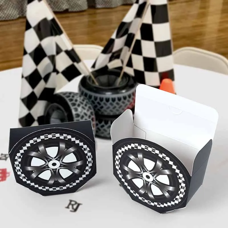 10/20 Stück schwarz-weiße Geschenkboxen mit Reifen-Rennmotiv für Kindergeburtstage, Süßigkeiten-Geschenkverpackungen, Babyparty-Dekoration – Detail 8