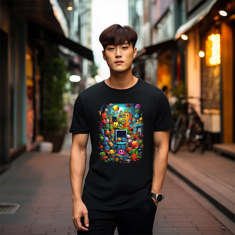 

Men's pure cotton 90s gaming-themed couple loose and versatile trendy T-shirt with monitor elements