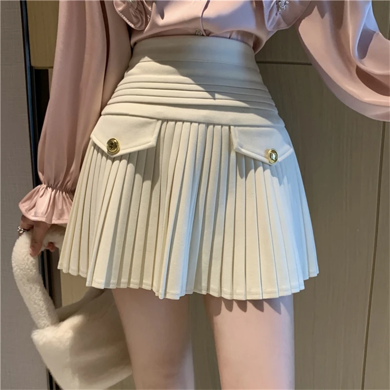 

2023 New Spring Autumn High Waist Pocket Stitching Puffy Short Skirt Preppy Style White Pleated A Line Dance Mini Skirts Women