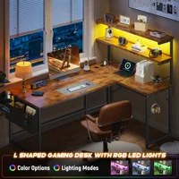 Reversible L Shaped Desk Computer Desk with LED Light & Power Outlet Gaming Desk with Shelf & Storage Bag & Hook for Home Office 5
