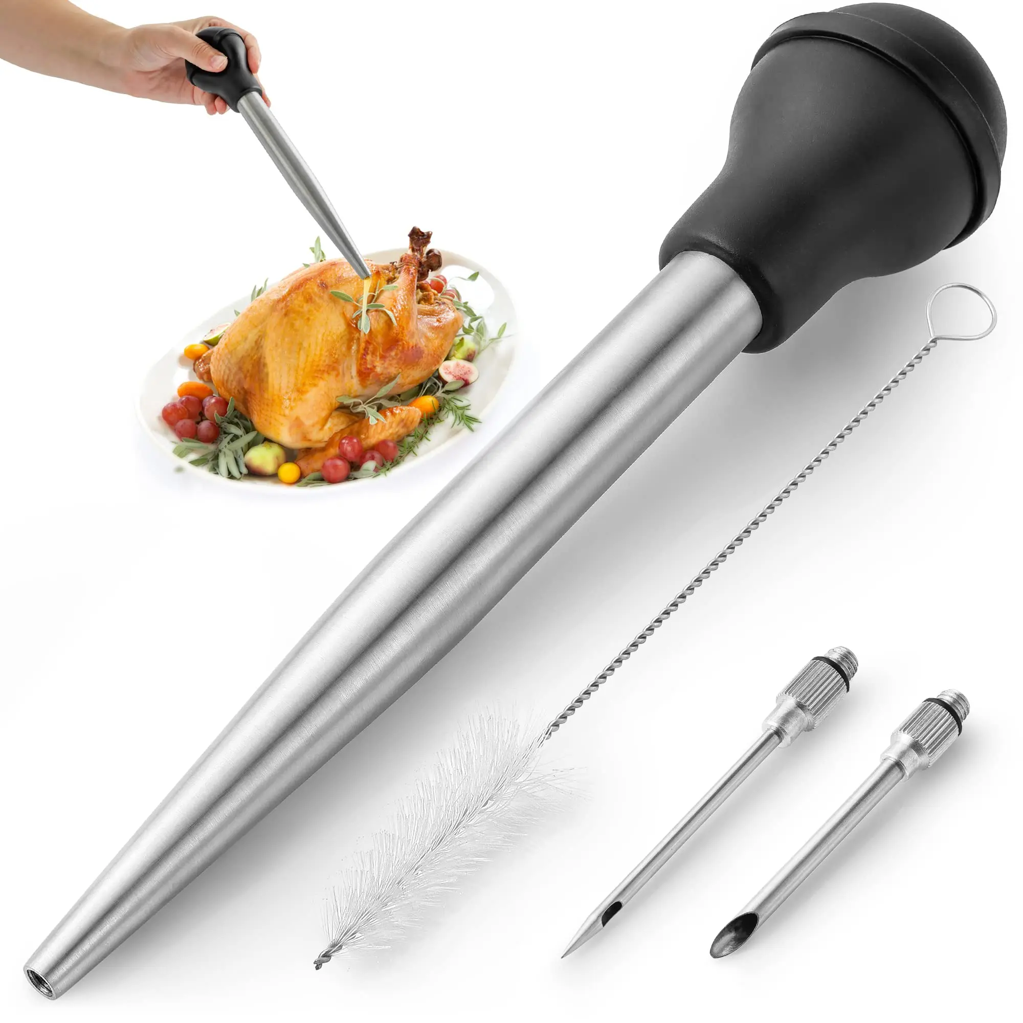 Turkey Baster For Cooking Food Grade Metal Turkey Baster Syringe Meat BBQ Condiment Tube With Detachable Needles&Cleaning Brush