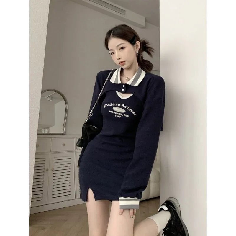 Y2k Skirt Sets Dress Polo Collar Blouse Women Long-sleeved Loose Temperament Elegant Trend Short Hoodie Coat Top Two-piece Set