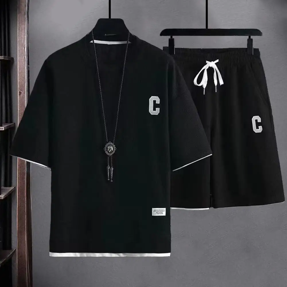 

Comfortable Jogging Suit Men's Letter Print Sportswear Set with O-neck Short Sleeve T-shirt Elastic Drawstring for Men for Men