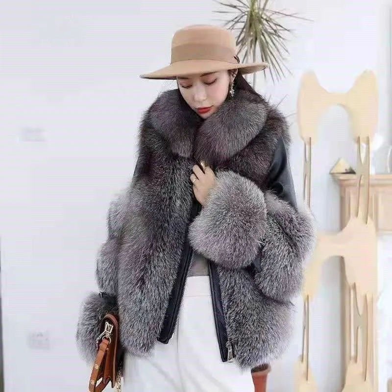 Imitation Fox Fur Coat for Women, Loose Thick Warm Outwear, Short Biker Jacket, Casual Patchwork Top, Young Fashion, Winter, New