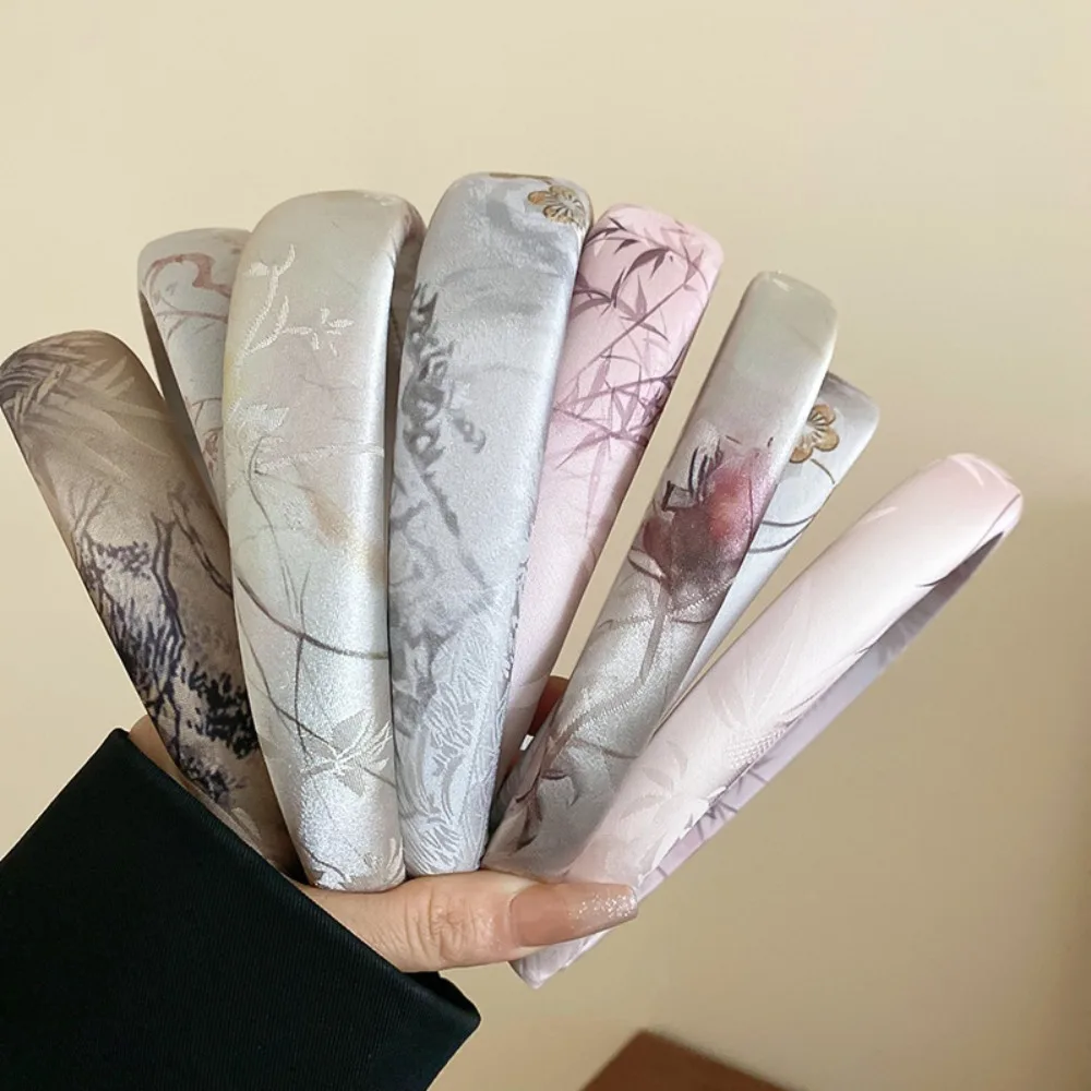 

Ободок в китайском стиле Женский, винтажный обруч с цветами и атласными чернилами, тонкий простой, нескользящий, элегантный, с бамбуковыми листьями