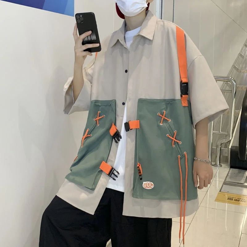 

2022 Summer Men's Trendy Casual Streetwear Khaki/black Shirts Work Cargo Short Sleeve Fashion Shirts Loose Camisa Masculina