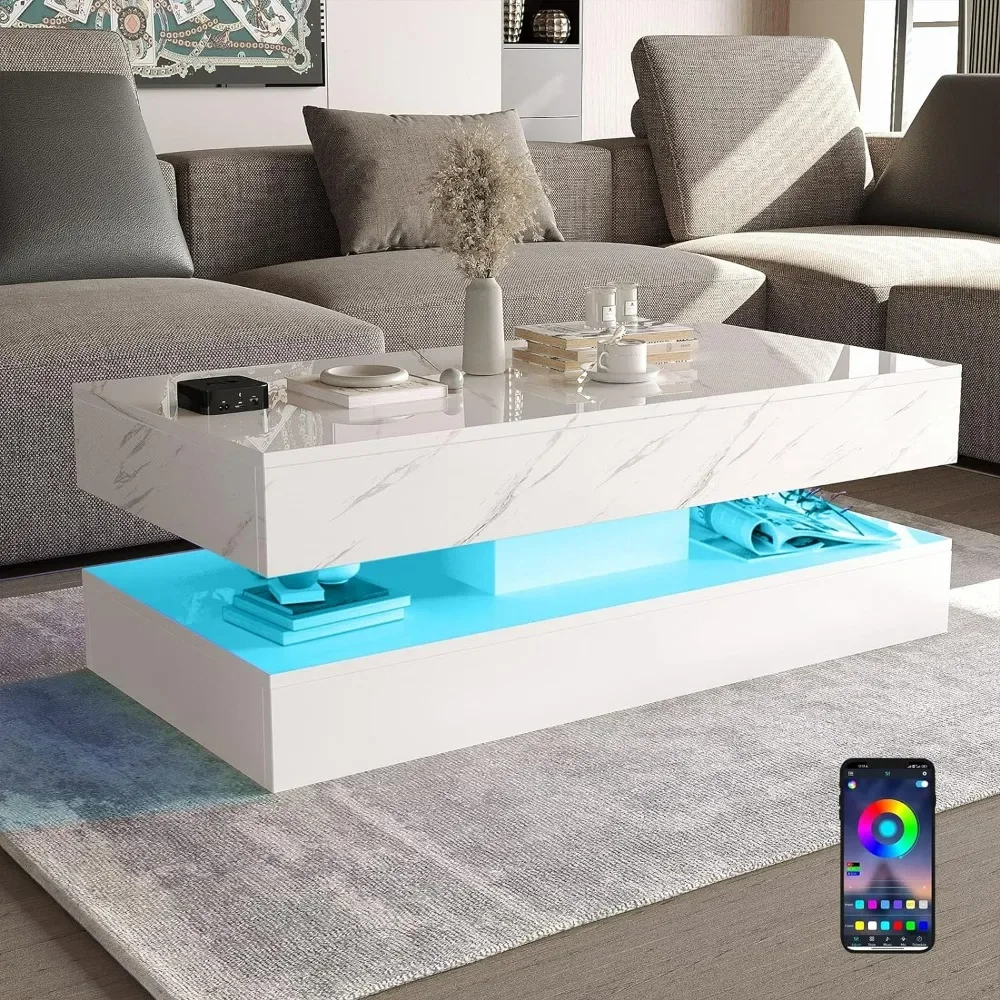 

LED Coffee Table with 2 Storage Drawers, High Gloss White Coffee Tables w/20 Colors LED Lights, 2 Tiers Rectangle Center Table
