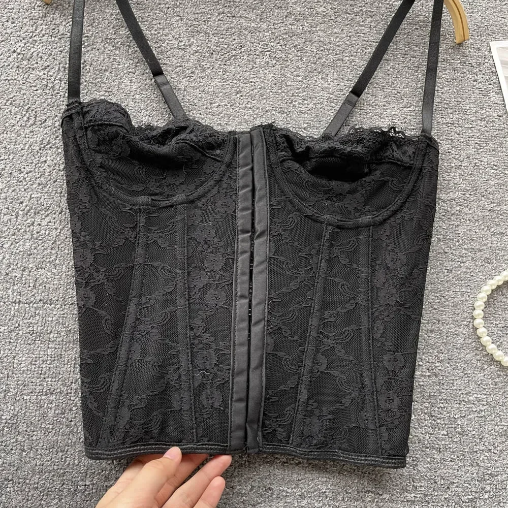 Frau Skinny Rückenfreies Leibchen Mehrfarbige Stickerei Tank Tops Spicy Girls Spitze Spaghettiträger Top Fishbone Tanks – Detail 19