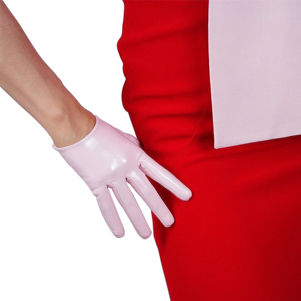 

Womens Pink GLOVES Super Short Half Palm Shiny Latex Wet Look Faux PU Leather Halloween Dressing Fashion Show Custome Cosplay