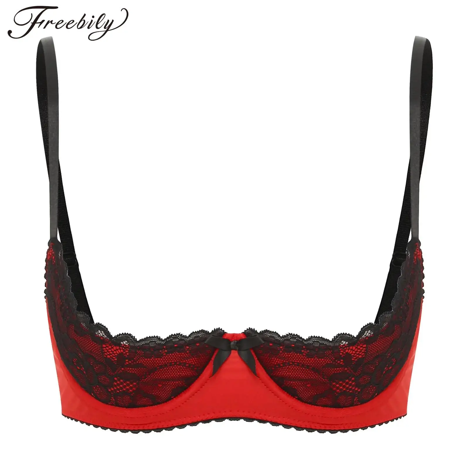 Womens Sexy Contrast Lingerie Half Cup Lace Push Up Balconette Bra Tops Adjustable Spaghetti Straps Underwire Bralette Underwear