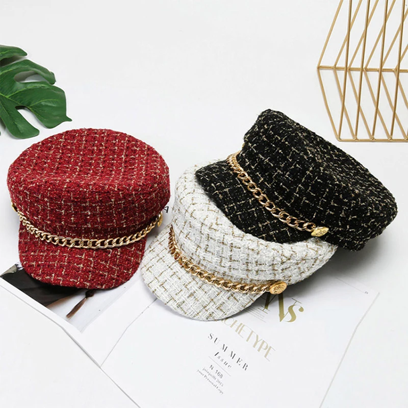 Women Berets Pearl Chain Flat Top Navy Hat Fashion Beret Newsboy Caps Octagonal for Women
