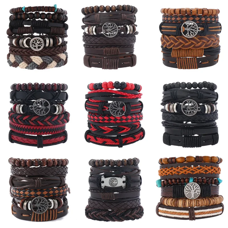 Bracelets 6 Pc/set Punk Casual Bead Tree Handmade Men Women Leather Bangle Jewelry Gift