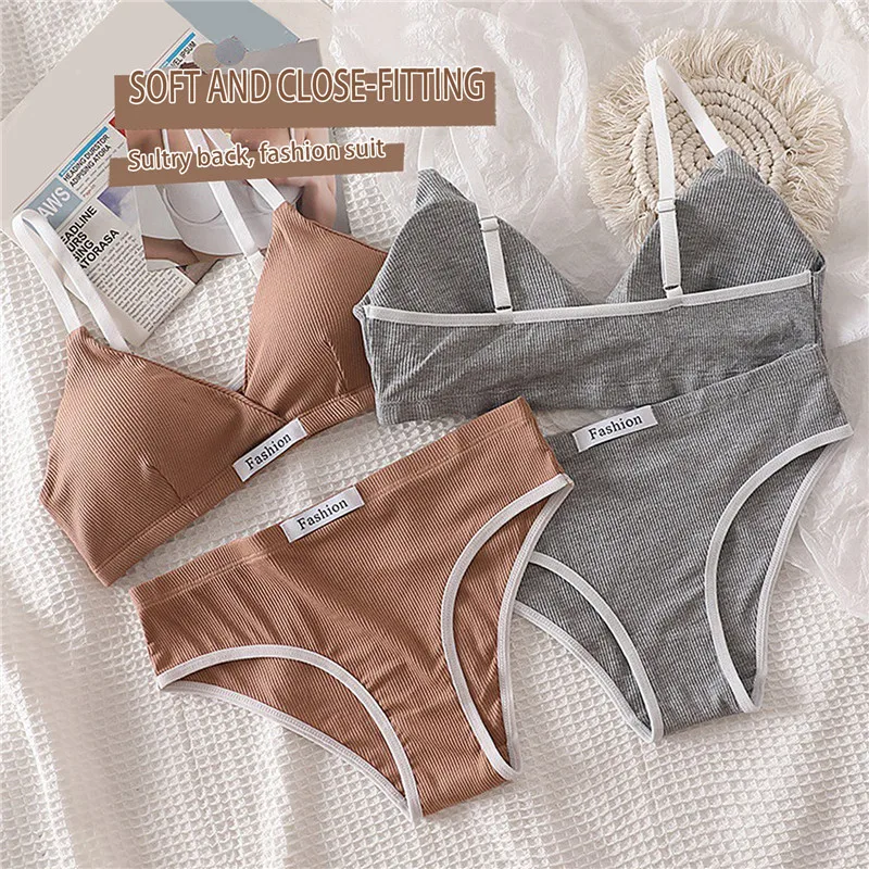 2 stücke Frauen Bh Set Sexy Slip Low Taille Höschen Wireless-Bh Backless Bralette Dessous Büstenhalter Weibliche Baumwolle_voghion.com