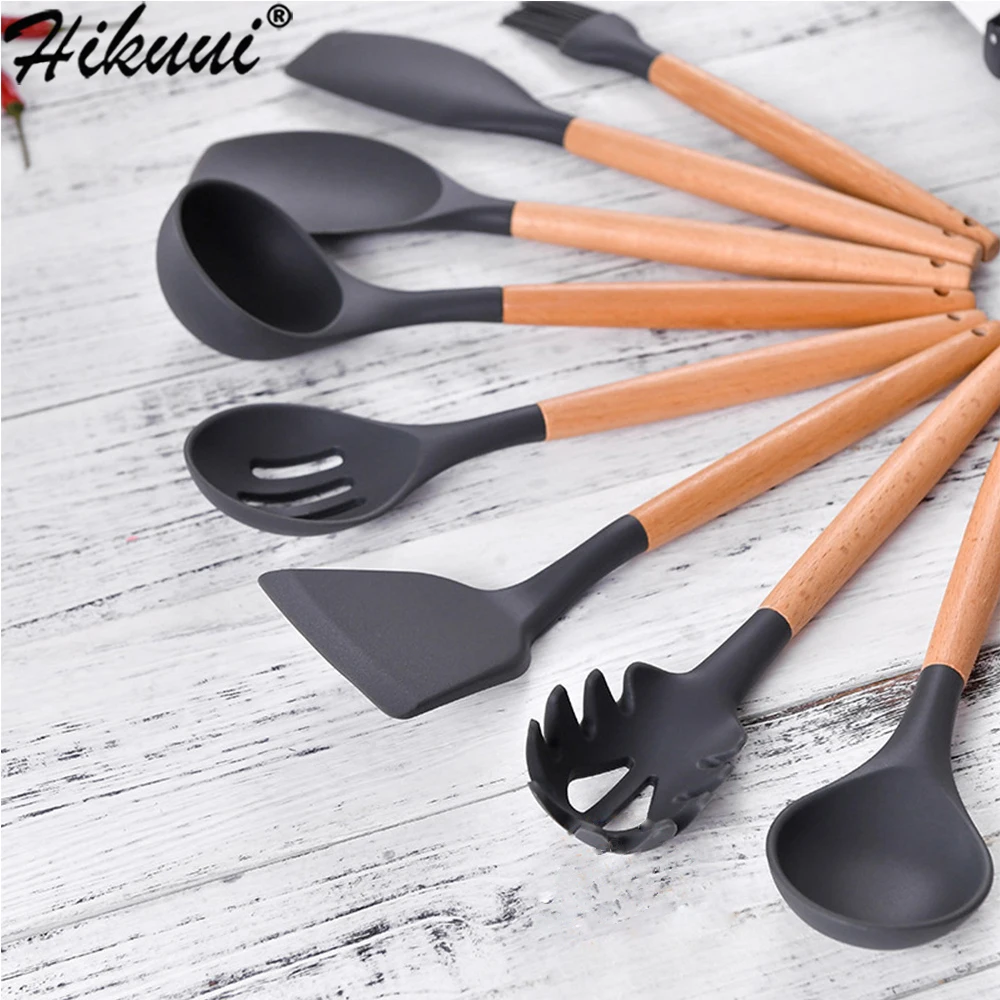 9 Styles Retail Silicone Cooking Tools Silicone Wooden Handle Spoon Spatula Shovel Nonstick Cookware Kitchen Baking Gadgets