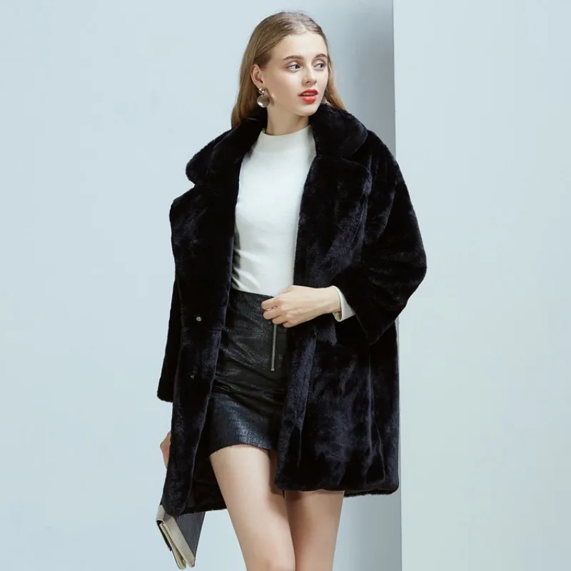 Winter New Faux Rabbit Fur Coat 2023 Women Imitation Fur Mid-Length Fashion loose Outwear thicken keep warm solid color parkas