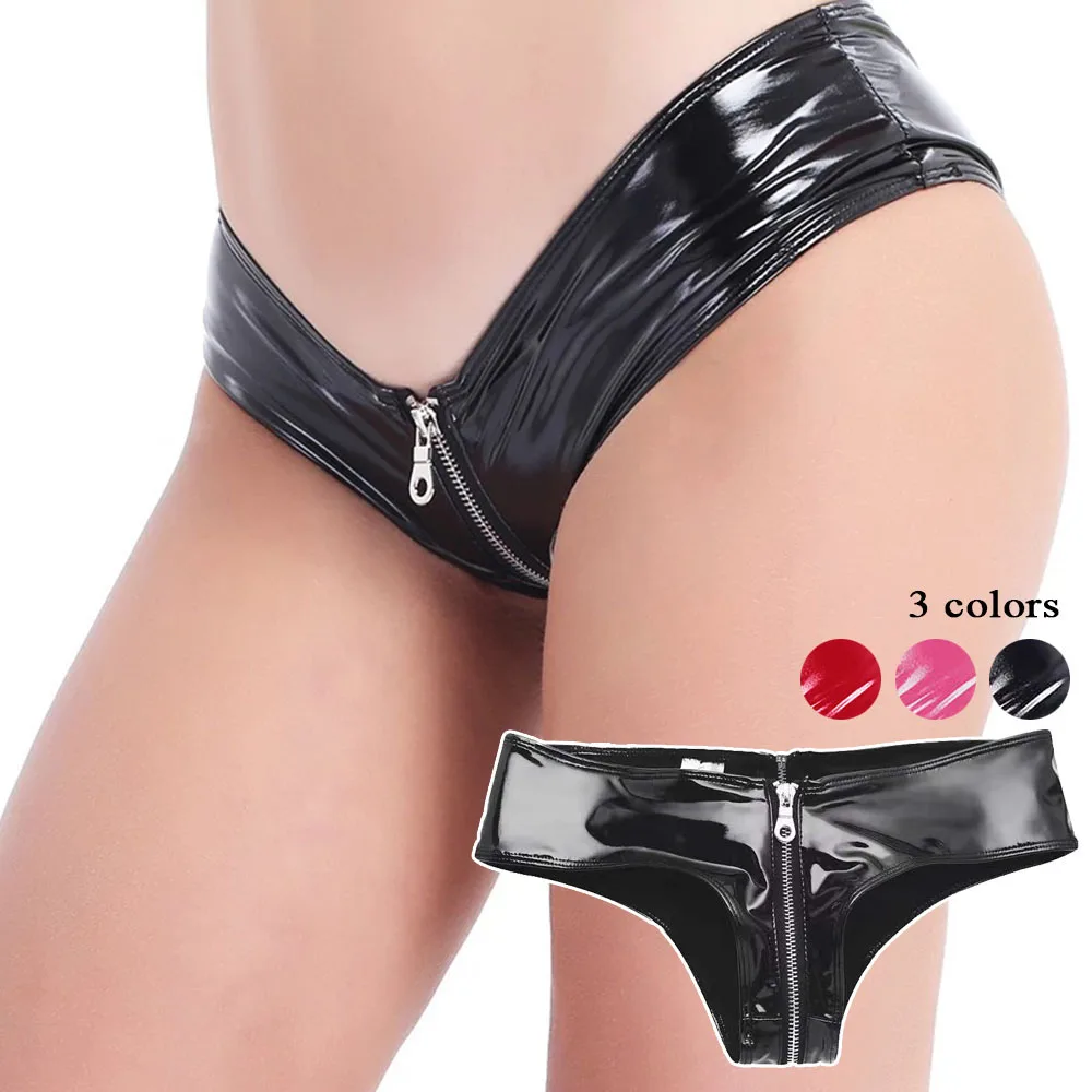 

Knickers Sexy Briefs Women Zipper Panties Open Crotch Boxer Underwear PVC Leather Shorts Mini Hot Pants