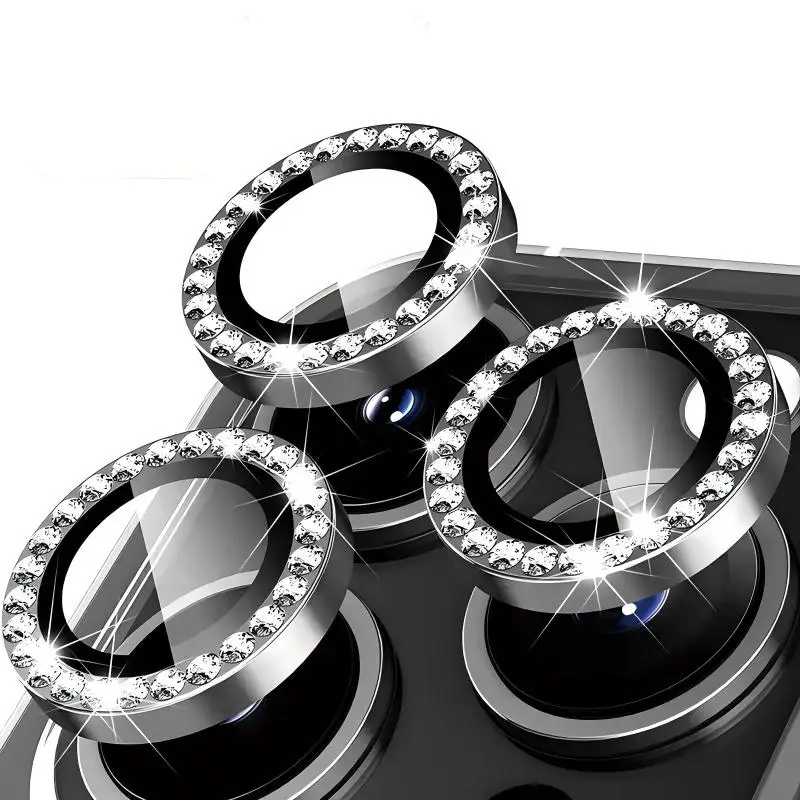 Luxury Diamond Ring Camera Protectors with Tempered Glass Lens Cover