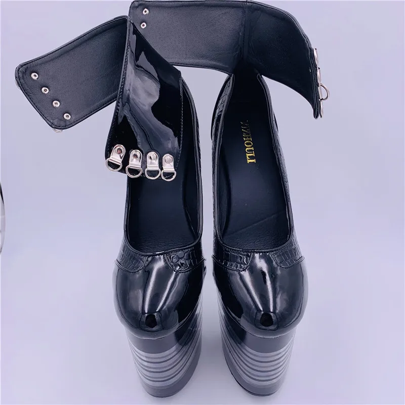 fashion single shoes platform 8 inch high-heeled black shoes for women ankle strap pumps 20cm Stripe Crystal dance shoes