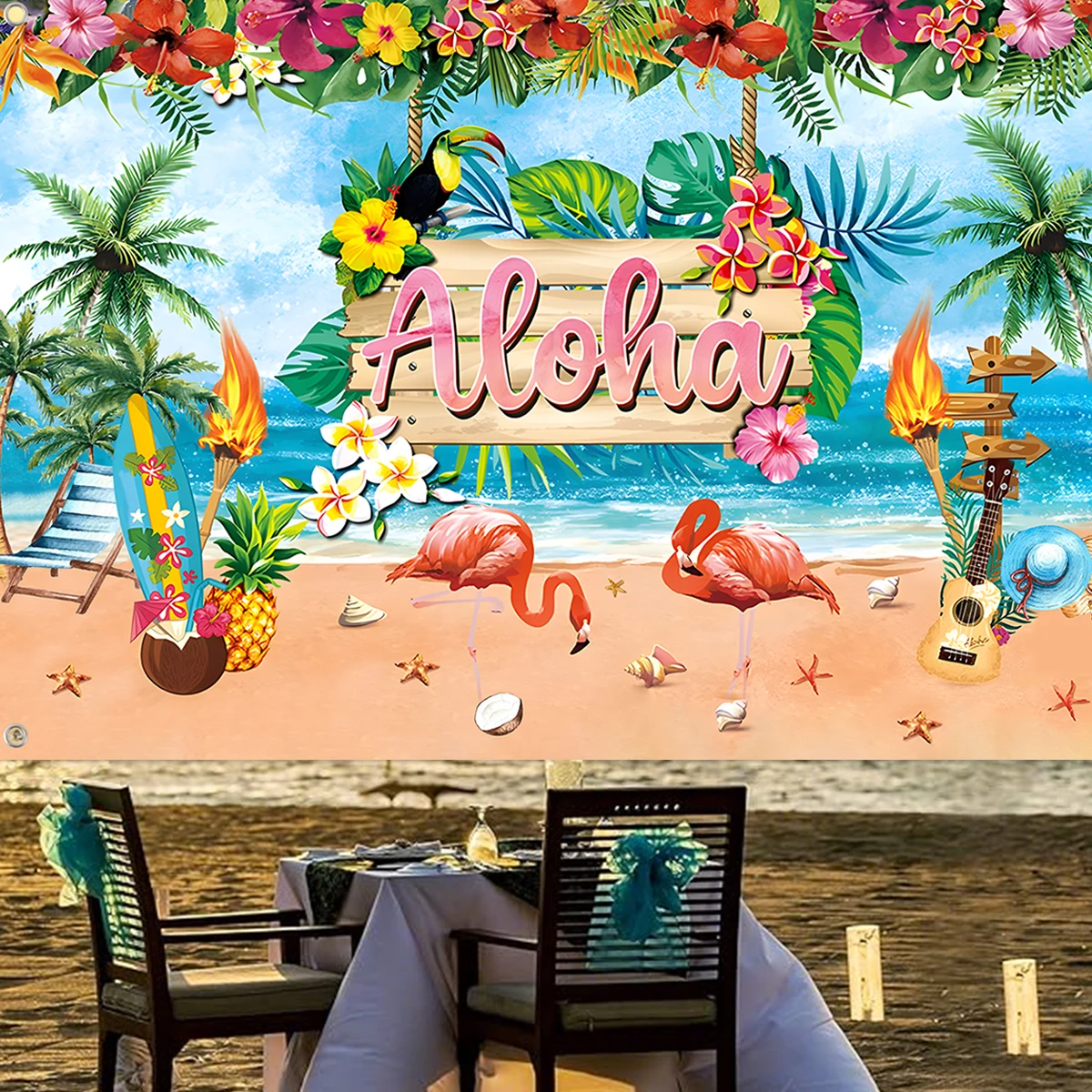 Hawaiian Summer Beach Background Tropical Seaside Flowers Aloha Luau Ocean Sea Surfboard Holiday Party Birthday Backdrop Decor party supplies birthday backdrop party decoration party backdrop curtain