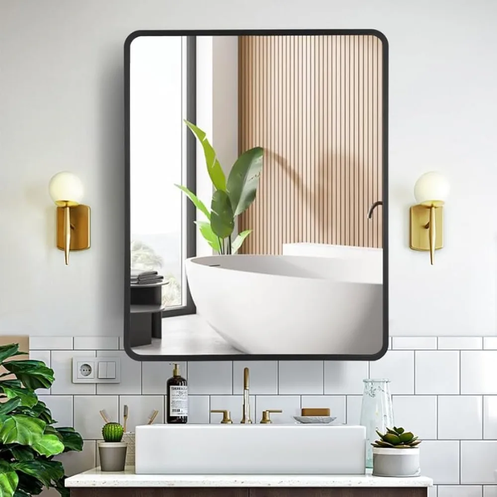 

24 Inch X 30 Inch Black Metal Framed Bathroom Mirror Medicine Cabinet Rectangle Tilting Beveled Vanity Mirrors Recess Cabinets