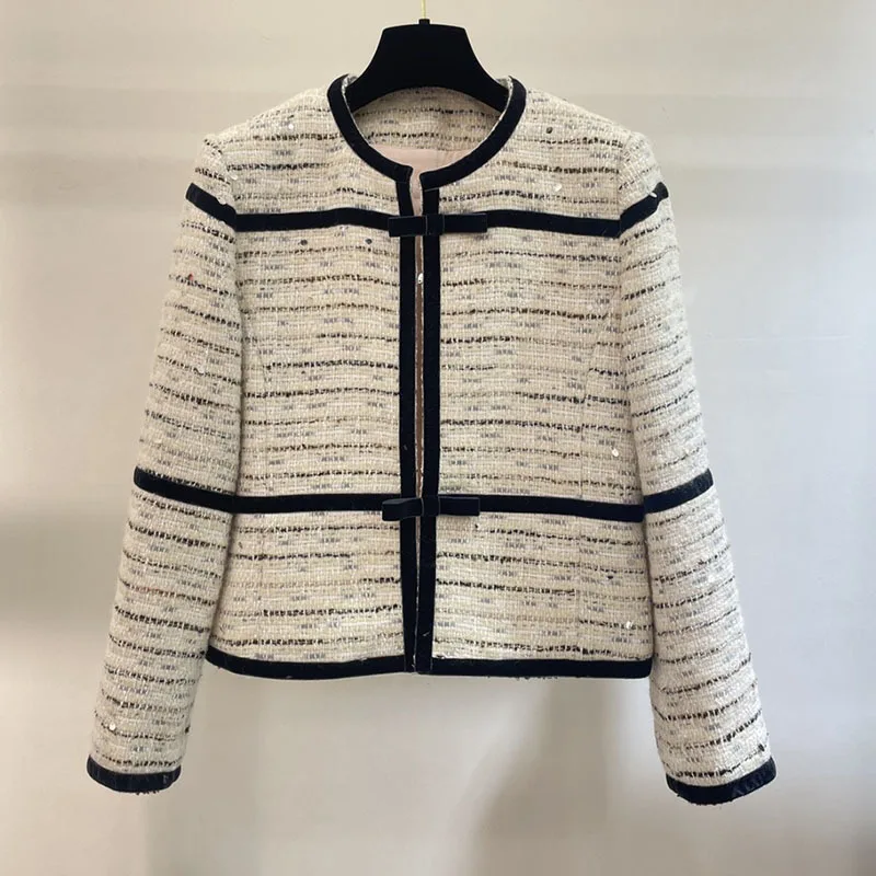 

Trendy Retro Wool Blend Sequined Jacket Classic Round Neck Black White Patchwork Tweed Jacket Women's High End Clothes Runway