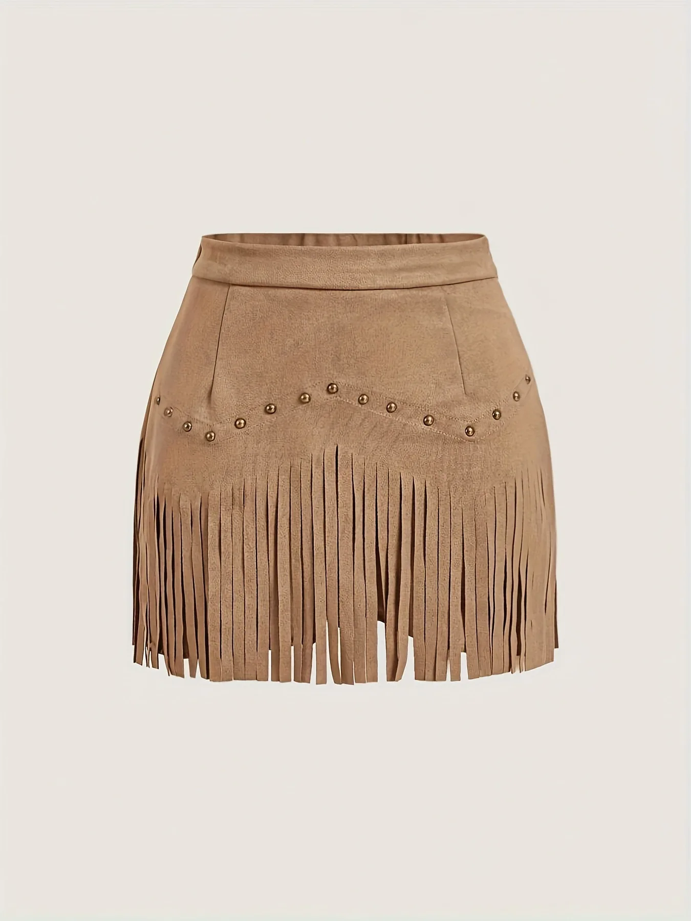 Women's Solid Color Suede Fringe Mini Skirt High Waist Studded Tassel Short Skirt Retro Casual Skirt For Daily Wear & Dating 2
