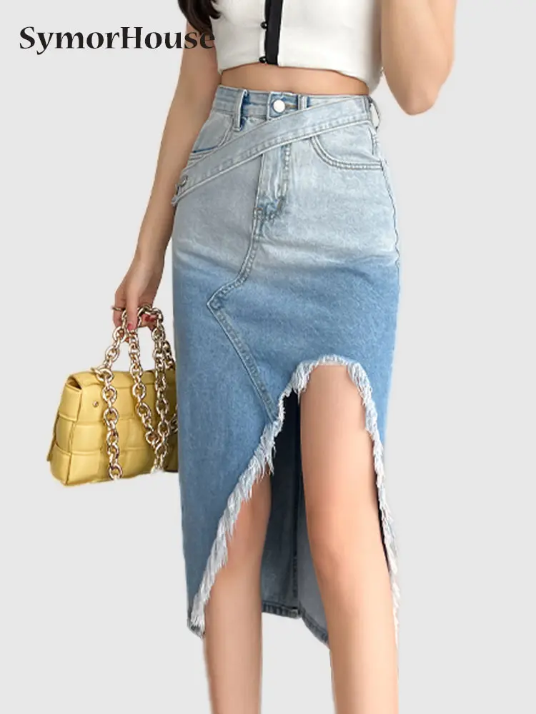 

Spring Summer Asymmetrical Jeans Skirt Women High Waist New Style Vintage Side Split Ripped Denim Skirt Female Pockets