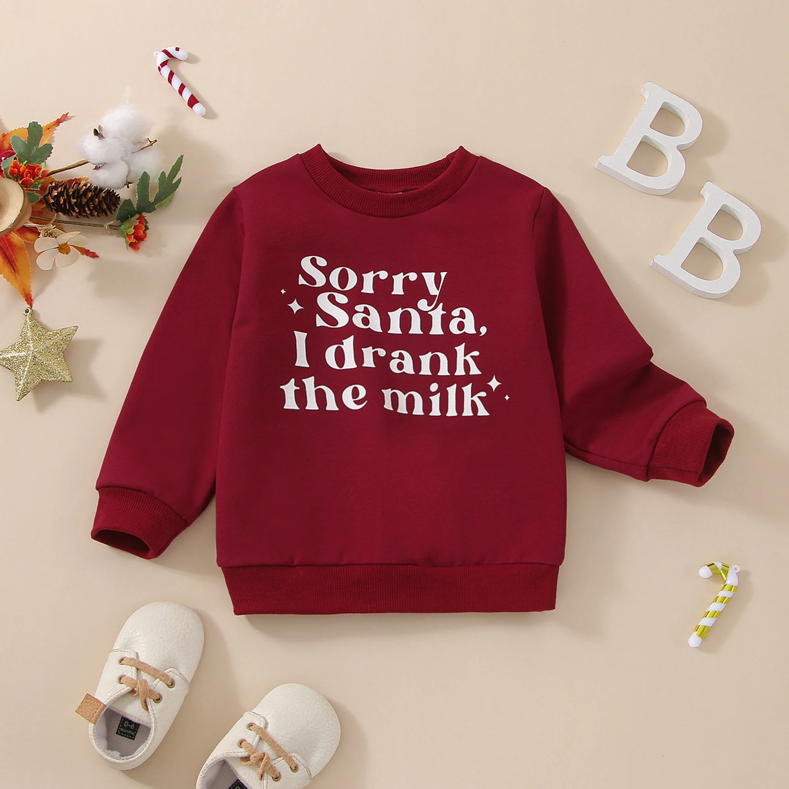 -10-17 Lioraitiin 0-24M Infant Baby Girl Autumn Sweatshirts Long Sleeve Red Sorry Santa I Drank The Milk Letter Printed Top
