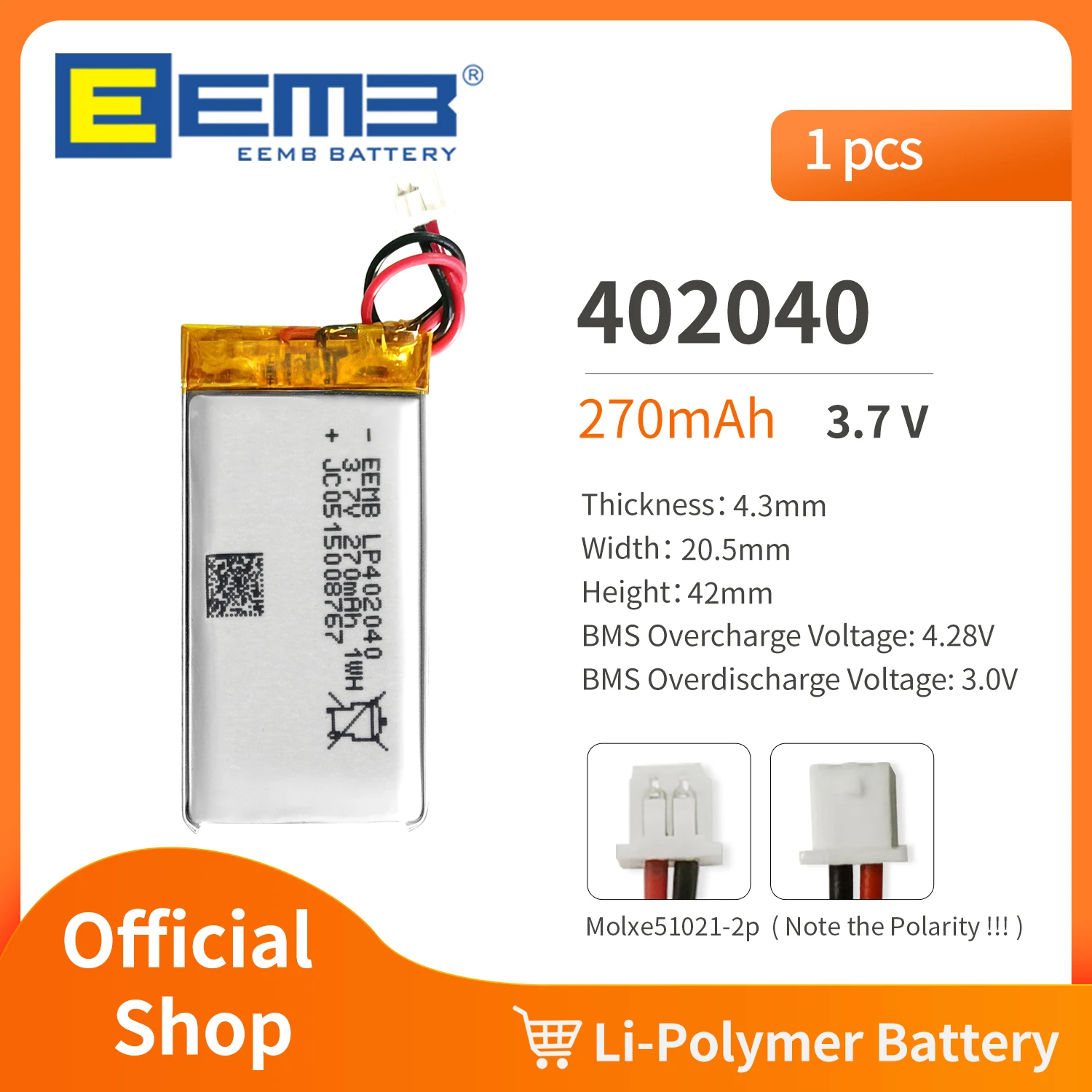 EEMB 402040 3.7V Battery 270mAh Rechargeable Lithium Polymer Battery Pack For Dashcam,Flashlight,Bluetooth Speaker, GPS,Camera