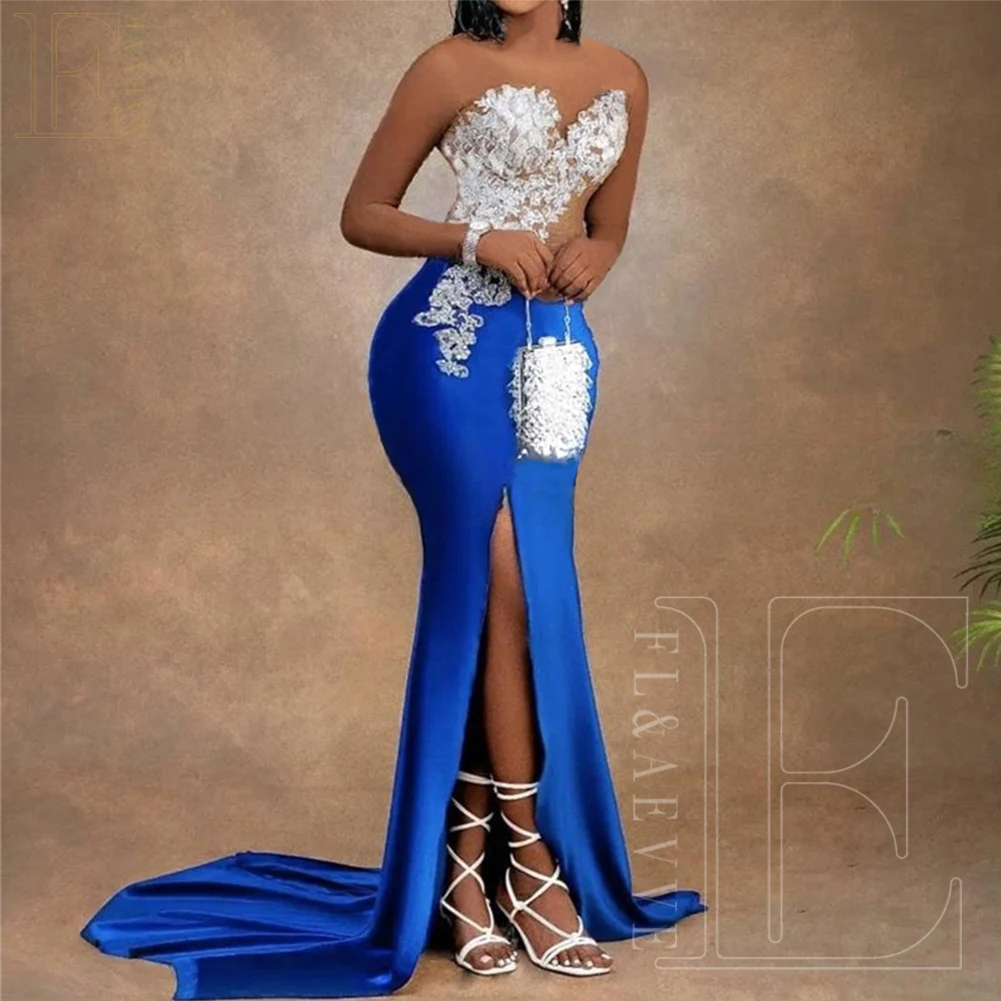 Satin Wedding Dress Bridesmaid Dresses Royal Blue Satin Bridesmaid Dresses Long Sleeve Lace Party Dress for Weddings Side Split Guest Dresses Elegant Gowns Customized