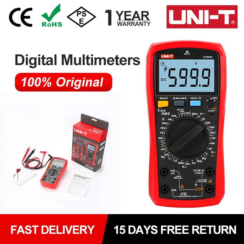 UNI T-Multímetro Digital, UT890C, UT890D +, 6000 Contagens, Frequência, Temperatura, Tensão, Amperímetro, AC, DC, DMM, Testador de Capacitores, NCV