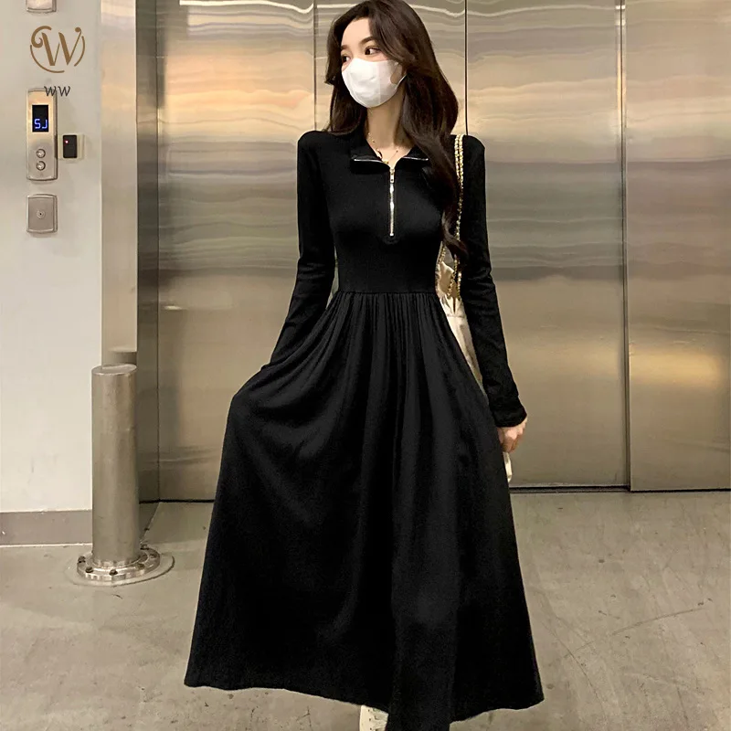 

Autumn New Half-zip Design Niche Minimalist Style Waist Thin Mid-length Dresses