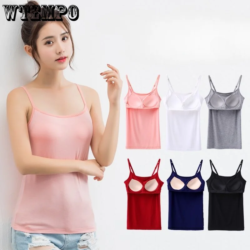 Summer Padded Bra Tank Top Women Modal Spaghetti Solid Cami Tops