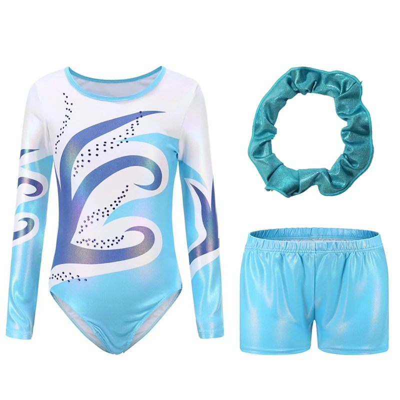 Gymnastic Suit With Body Shorts Hair Band Kids Girls Patchwork Printed Leotard Sleeveless Jersey Jumpsuit Tracksuit Gym Suit gymnastics dancewear sets