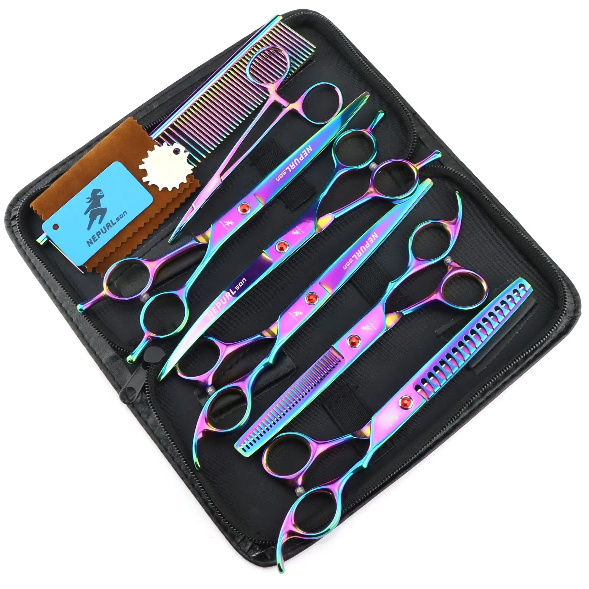 Dog Grooming Scissors 7" Japan Stainless Rainbow Thinning Shears Straight Scissors Pet Dog Curved Shears