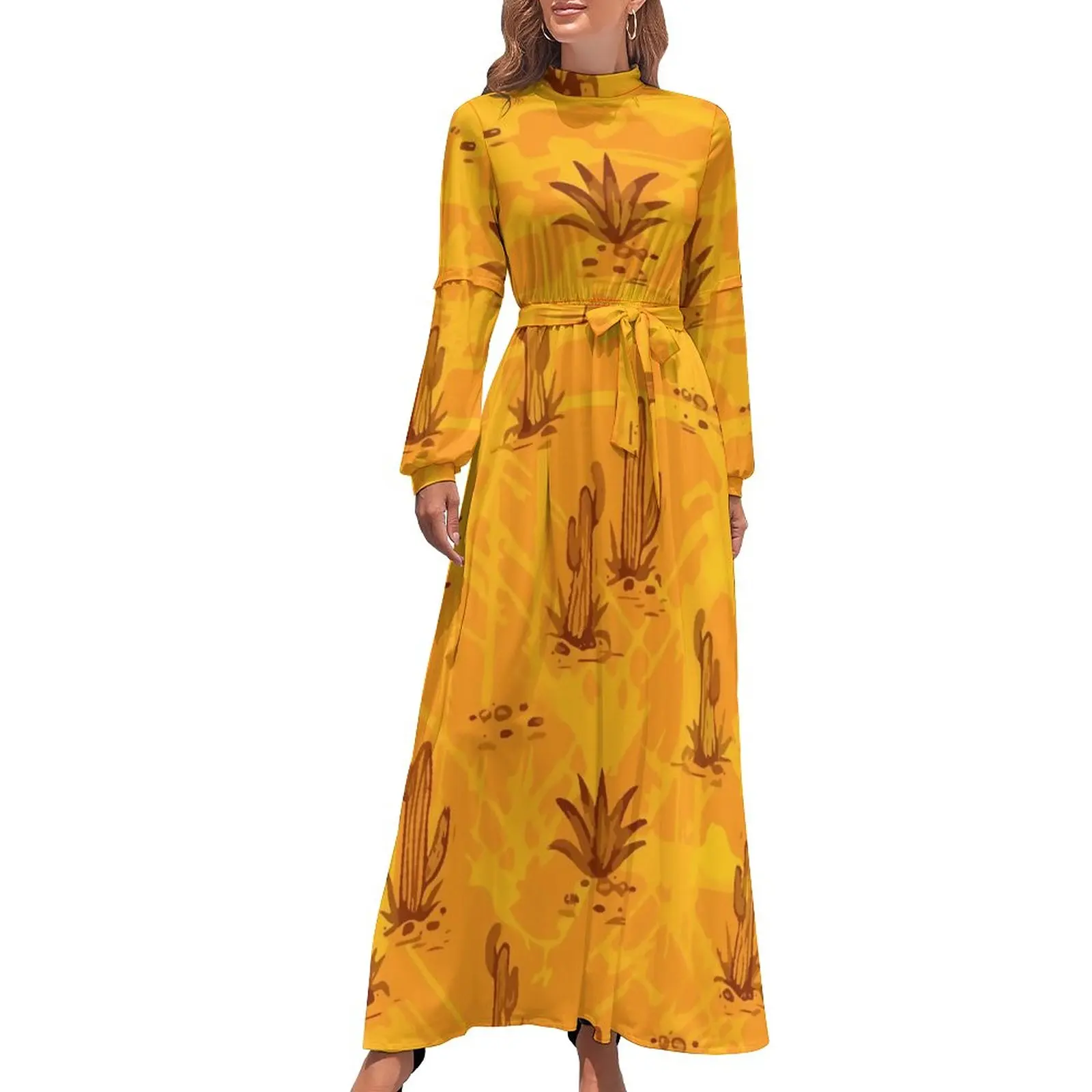 

Desert Cactus Dress Abstract Art Modern Graphic Maxi Dress High Waist Long Sleeve Aesthetic Boho Beach Long Dresses