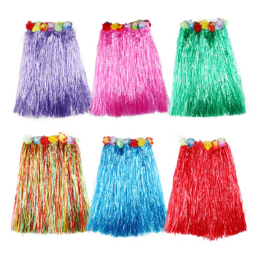 Hawaiian Costume Plastic Fibers Women Grass Skirts Hula Skirt With Flower Ladies Dress Up Cheerleading 10 Color