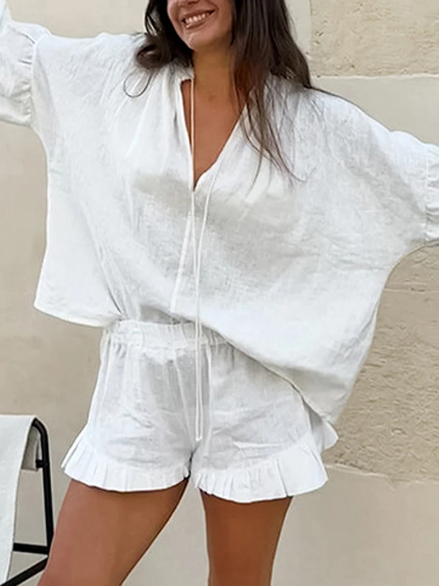 Casual Women s Summer Outfit Stylish Long Sleeve V-Neck Top with Tie-Up Detail and Elastic Waist Shorts Set for a Chic Look 2