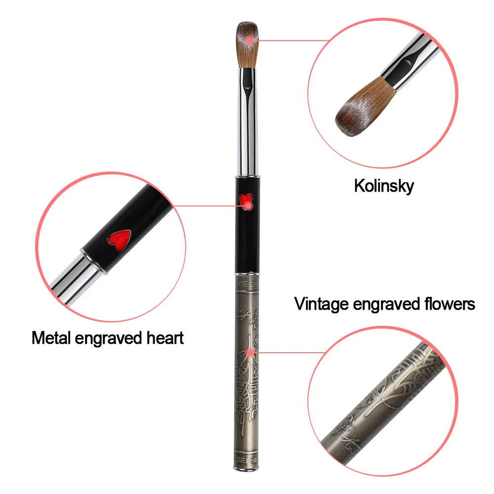 ANGNYA #8 #10 Kolinsky Hair Sable Acrylic Nail Brush Antique Style With Red Heart Metal Handle Nail Art Brushes Manicure Tools 2