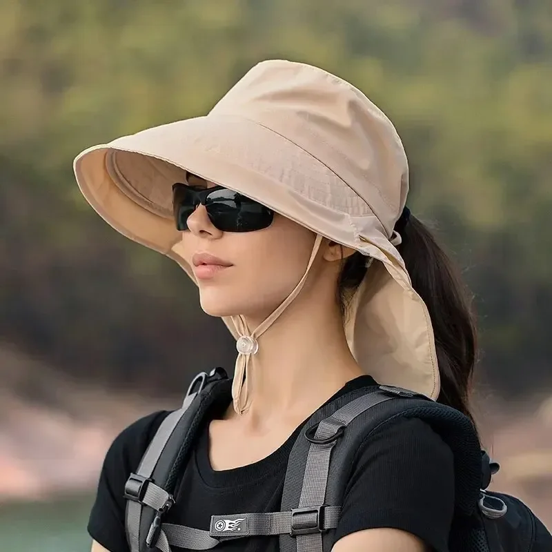 Sun hat Summer Hats for Women Outdoor UV Anti Neck Protection Sun Visors for Lady Fishing Hiking Wide Brim Shawl Sunscreen Ponytail Cap