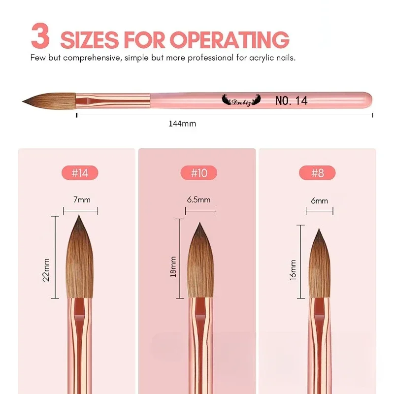 3pcs Kolinsky Acrylic Nail Brush Good Quality Nail Art Mink Brush Wood Handle Gel Builder Manicure Brush Drawing Tools 3