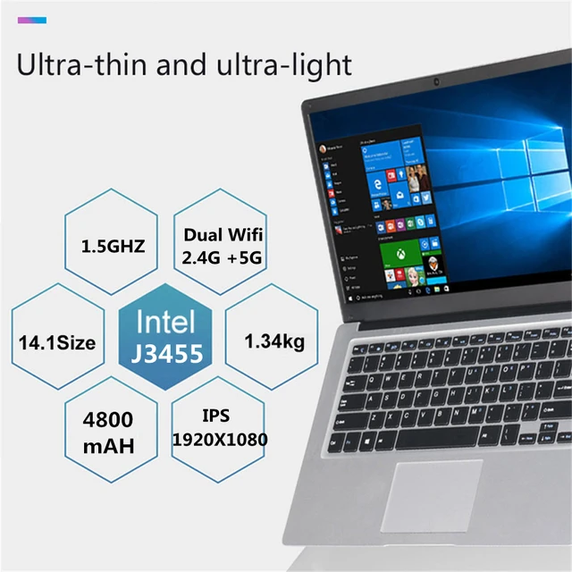 Intel Notebook Quad Core Intel J3455 14.1 Inch Laptop 6GB RAM 128GB 256GB SSD Windows 10 Wifi Bluetooth 4.0 2.4G 5G Dual Wifi 6