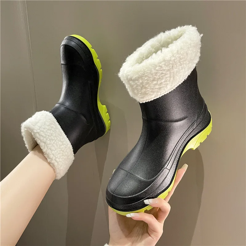 Women Solid Color Ankle Rain Boots Female Winter Outdoor Waterproof Non-slip Warm Boots Flat Platform Water Shoes