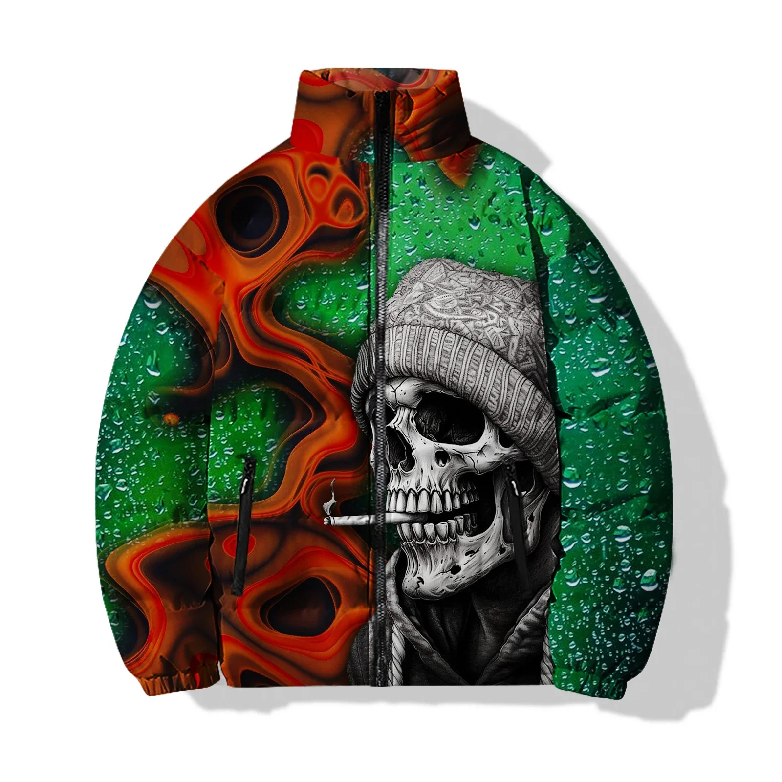 thumbnail image 1 of Ropa de hombre Abrigos de invierno Parkas para hombre Estampado de calaveras en llamas Cómodas y cálidas Chaquetas acolchadas para hombre modernas y versátiles, 1 of 4