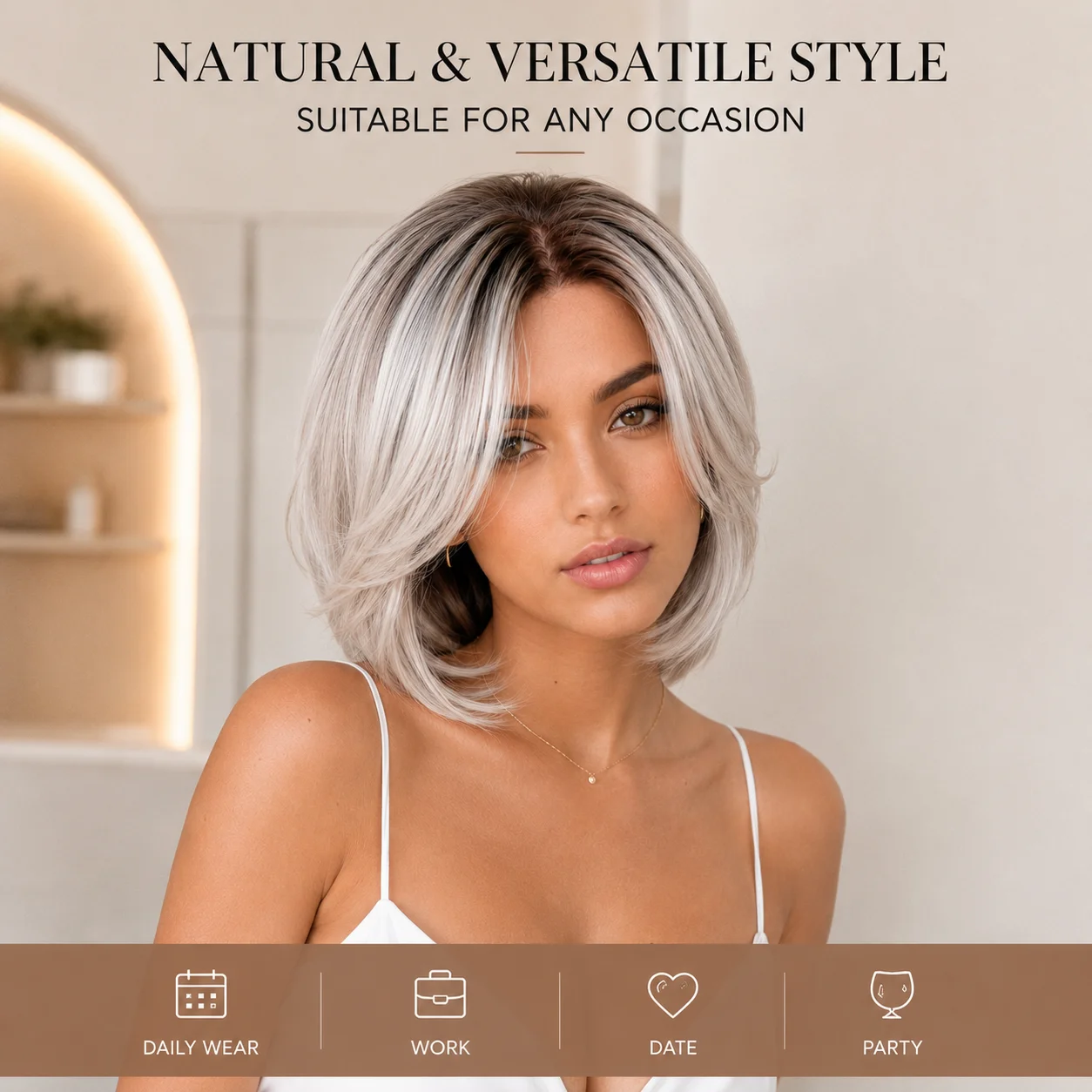 Parrucca Bob 13x6 con pizzo frontale, biondo cenere argento, corta a strati, con parte laterale, pre-piumata, linea naturale dei capelli, sintetica effetto seta per donna - immagine 5
