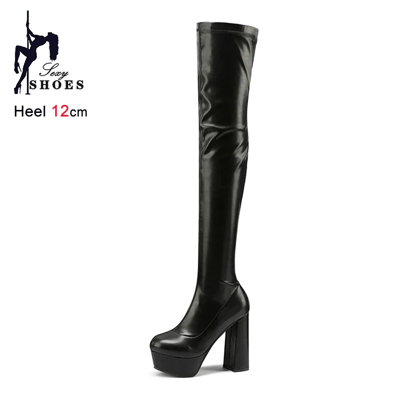 Female Thigh Boots Stretch Leather 12CM Square Heel Platform Boots For Women's Over-the-Knee Europe and America Lareg Size Shoes