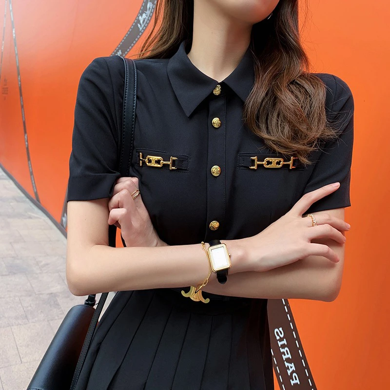 Elegant Spring Summer Polo Shirt Dress with Belt Office Lady Ruffles