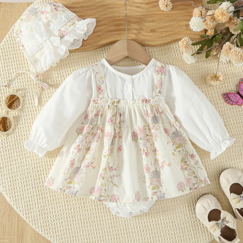 2026 Frühling Kleinkind-Strampler Kleidung 0-2J Neu Baby Mädchen Bodysuit Blumen Langarmkleid mit Spitzenhut Geschwister Partnerlook Outfits